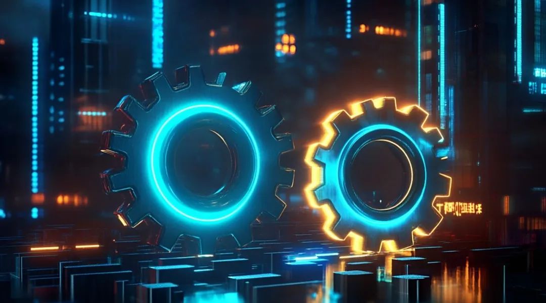 工厂3D渲染科技感未来感蓝色橙色发光齿轮精密结构插画（商业使用）(1).jpg